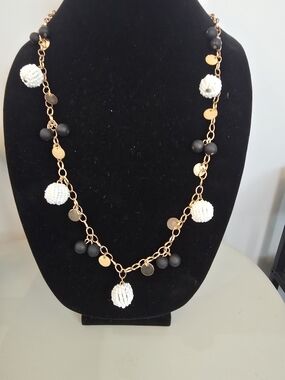 Gold Chain Necklace with White Beaded and Black Accent Balls - Women Jewelry
